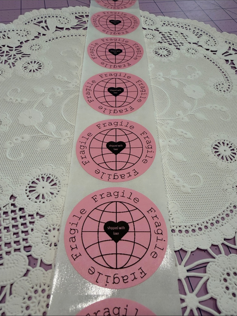2” Pink "Fragile" Round Shipping Stickers - Heart Logo “shipped with love”